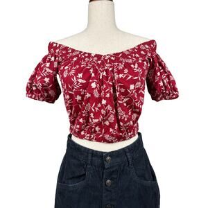 Bar III Red Floral Off Shoulder Crop Top Size M Boho Puff Sleeve